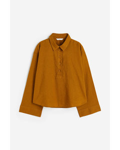 Linen-blend Pop-over Shirt Brown