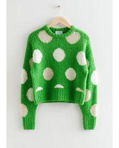 Jacquardstrikket Sweater Med Polkaprikker Grøn/hvid
