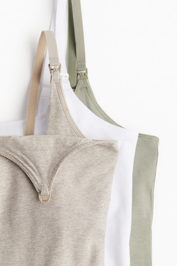 H&M Mama 3-pack Nursing Vest Tops Light Khaki Green/white