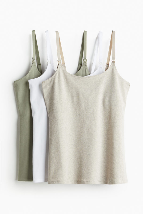 H&M Mama 3-pack Nursing Vest Tops Light Khaki Green/white