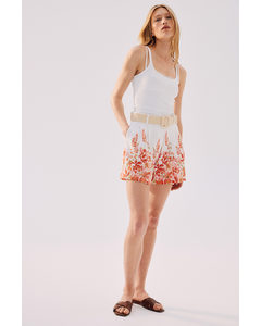 Belted Twill Shorts Coral Red/floral