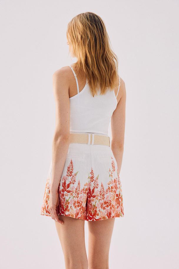 H&M Belted Twill Shorts Coral Red/floral