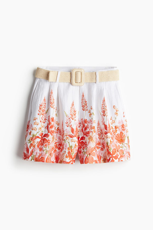 H&M Belted Twill Shorts Coral Red/floral