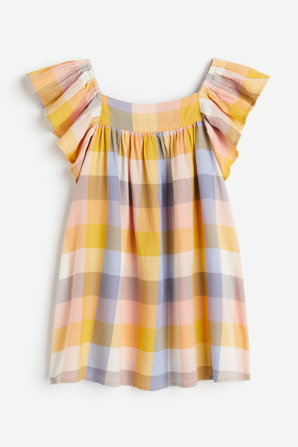 H&M Butterfly-sleeved Patterned Dress Mustard Yellow/checked