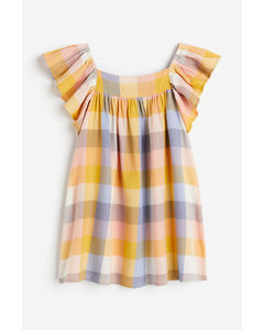 Butterfly-sleeved Patterned Dress Mustard Yellow/checked