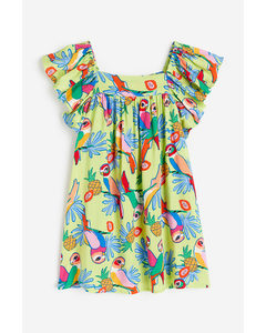 Butterfly-sleeved Patterned Dress Light Green/tropical