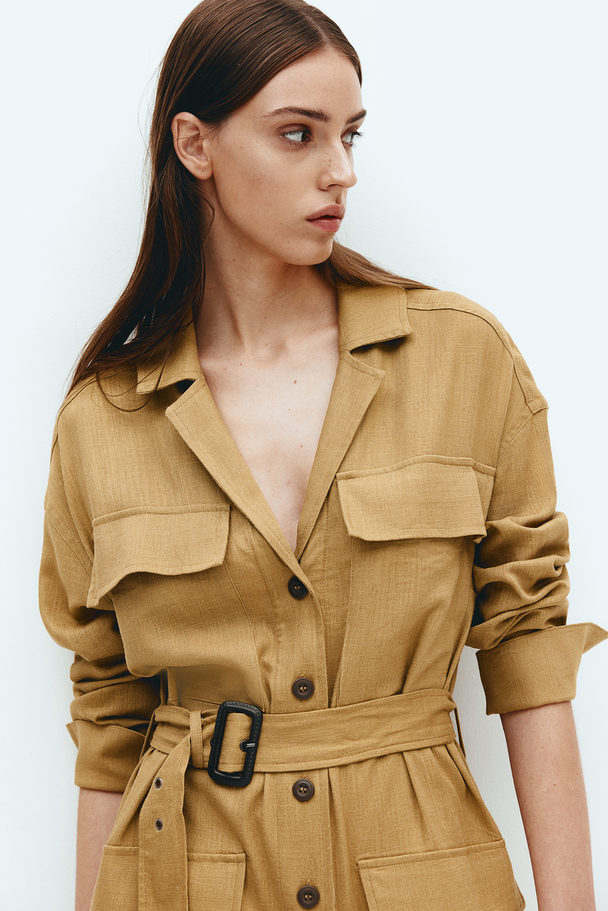 H&M Blusenkleid mit Gürtel Gelbbeige