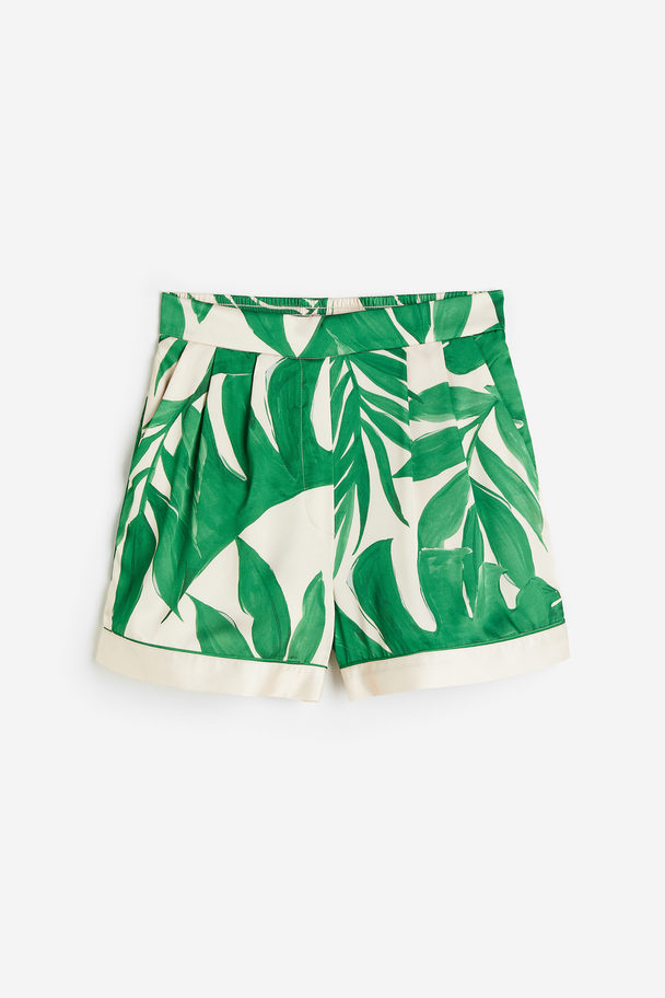 H&M Satijnen Pull-on Short Lichtbeige/groene Bladeren