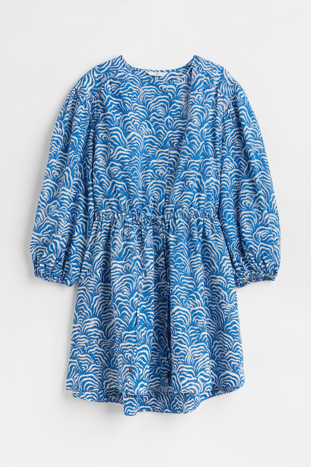 H&M Short Linen-blend Dress Blue/patterned