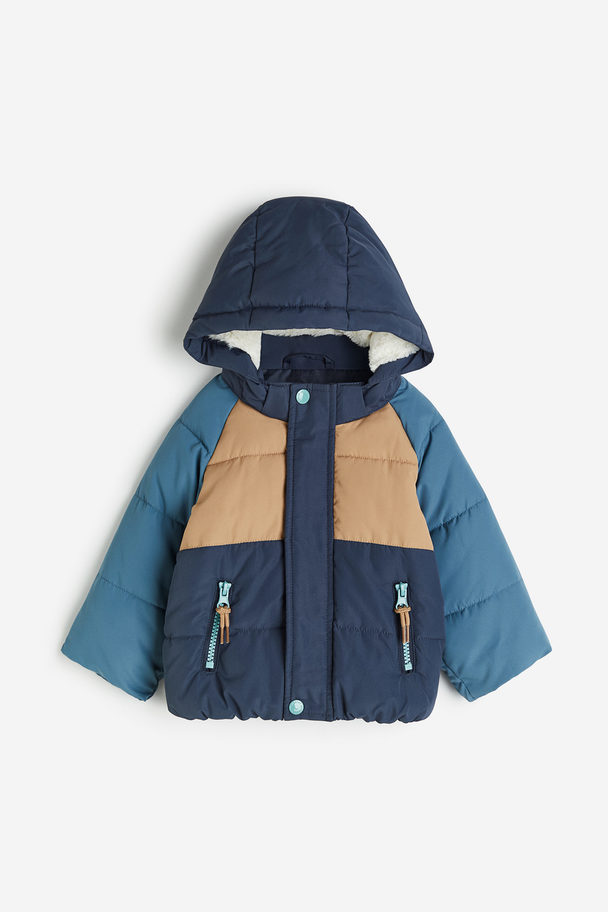 H&M Puffer Jacket mit Kapuze Dunkelblau/Blockfarben