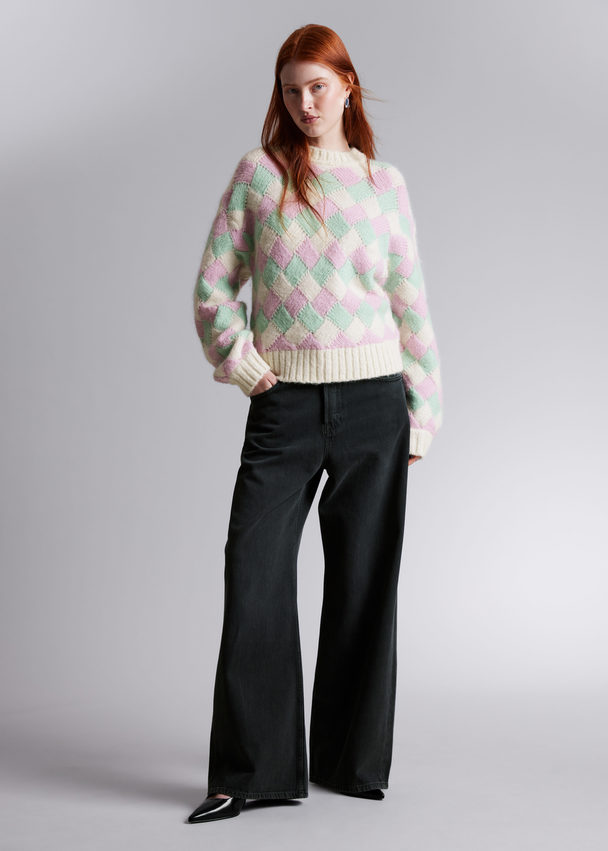 & Other Stories Relaxed Checked Wool Jumper  Cream Checked