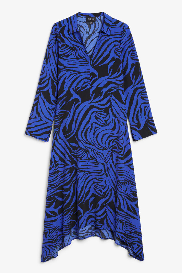 Monki Asymmetric Hem Zebra Print Shirt Dress Black & Blue Zebra Print