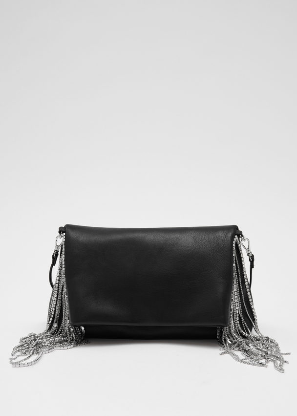 & Other Stories Rhinestone Fringed Leather Clutch Black