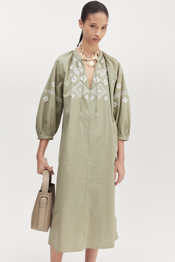 H&M Embroidered Dress Khaki Green