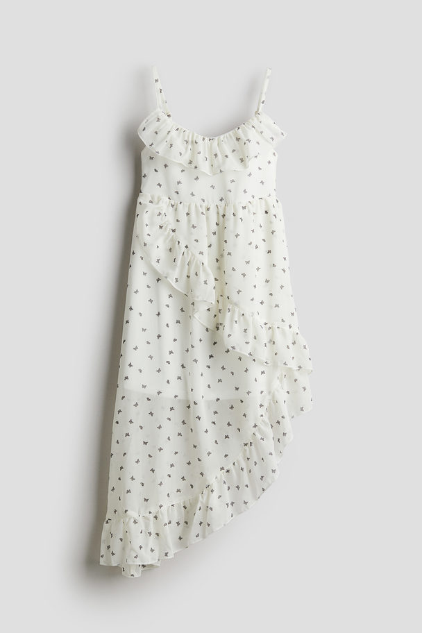 H&M Flounce-trimmed Asymmetric Dress White/butterflies