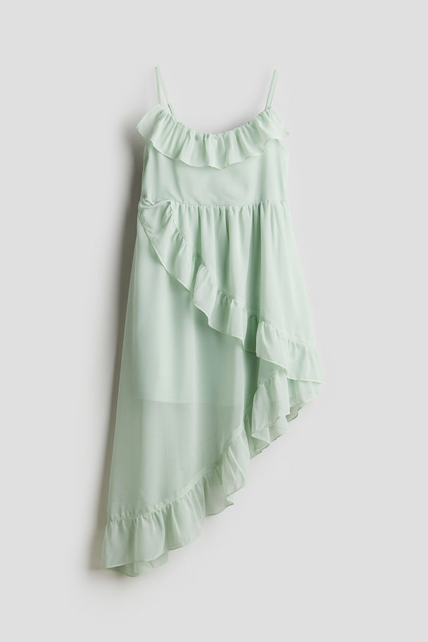 H&M Flounce-trimmed Asymmetric Dress Dusty Mint Green