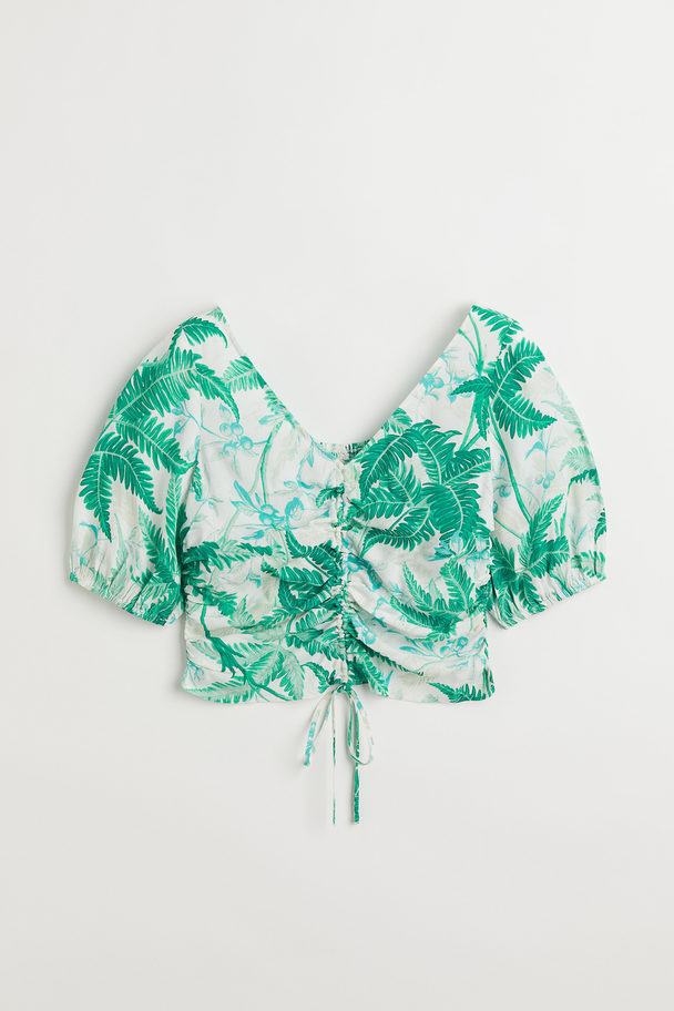 H&M V-neck Drawstring Blouse White/leaf-patterned