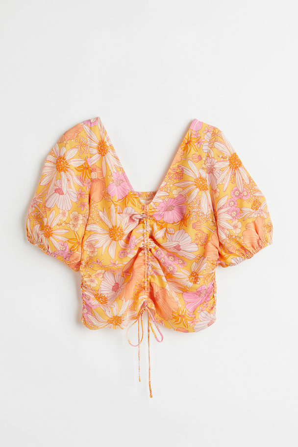 H&M V-neck Drawstring Blouse Orange/floral