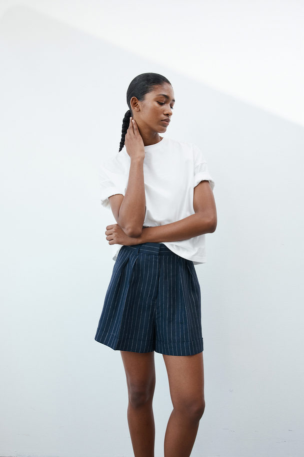 H&M Linen Shorts Navy Blue/pinstriped