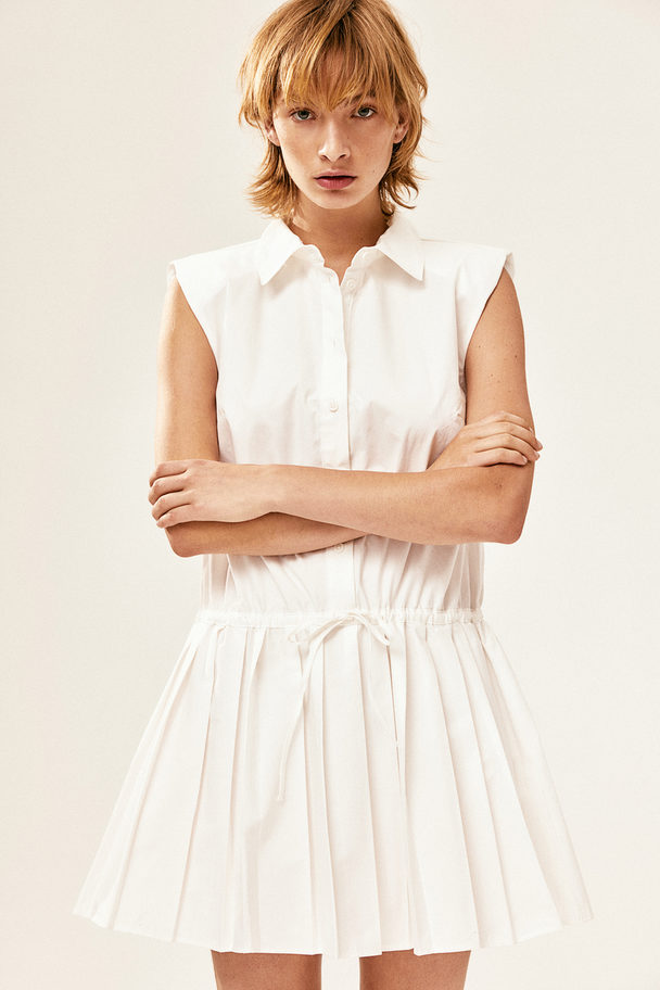 H&M Pleated-skirt Shoulder-pad Dress Cream