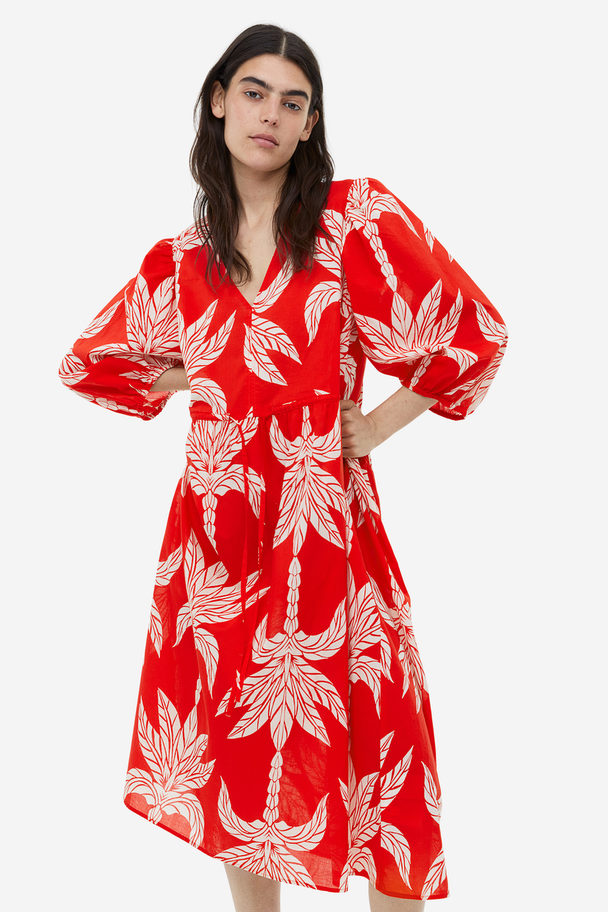 H&M Balloon-sleeved Cotton Dress Red/palm Trees