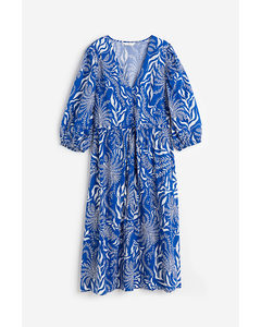 Balloon-sleeved Cotton Dress Bright Blue/patterned