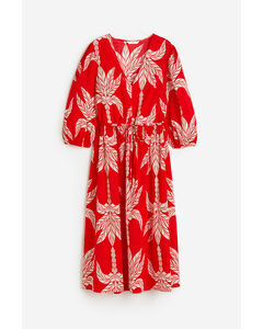 Balloon-sleeved Cotton Dress Red/palm Trees