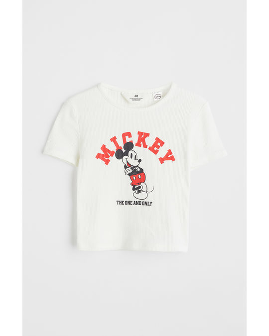 H&M Cropped Printed T-shirt Natural White/mickey Mouse