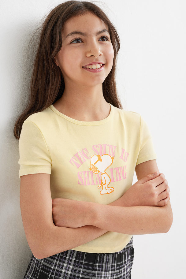 H&M Cropped Printed T-shirt Light Yellow/snoopy