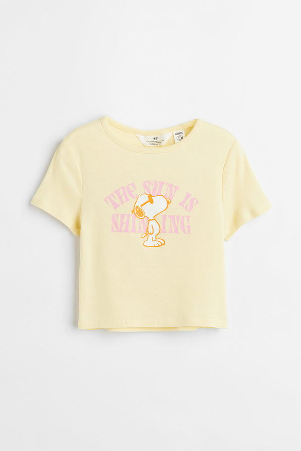 H&M Cropped Printed T-shirt Light Yellow/snoopy