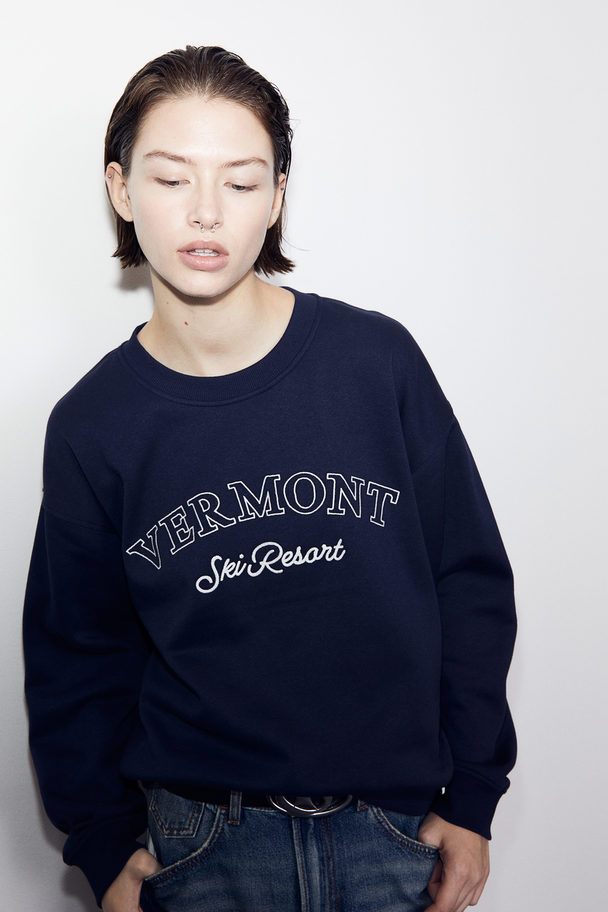 H&M Sweatshirt Med Motiv Mörkblå/vermont