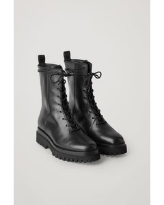 Leather Lace-up Chunky Boots Black