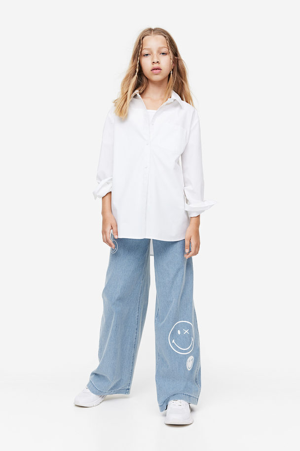 H&M Wide Printed Trousers Denim Blue/smileyworld®