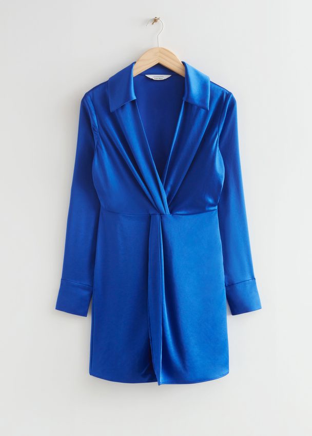 & Other Stories Twisted Front Satin Shirt Dress Bright Blue