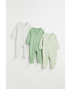 3-pack Zip-up Pyjamas Light Green/spotted
