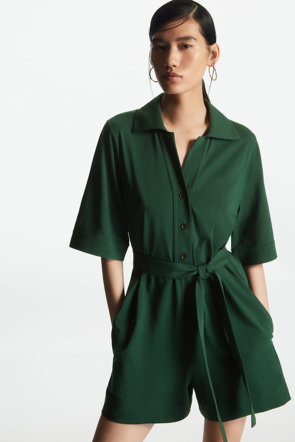 COS Belted Jersey Playsuit Dark Green