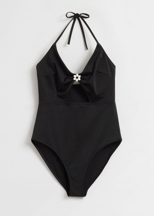 & Other Stories Embellished Halterneck Swimsuit Black