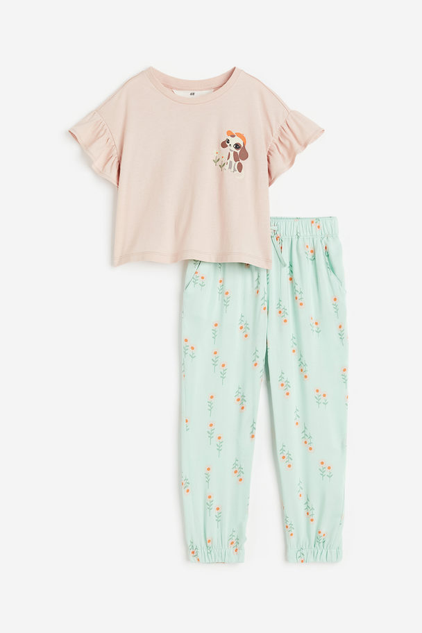 H&M 2-piece Top And Joggers Set Mint Green/dog