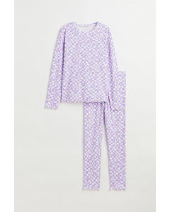 Patterned Ribbed Cotton Pyjamas Light Purple/patterned
