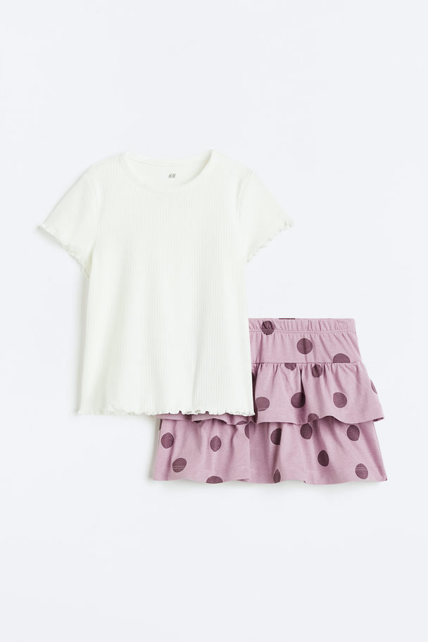 H&M 2-piece Cotton Set White/purple Spotted