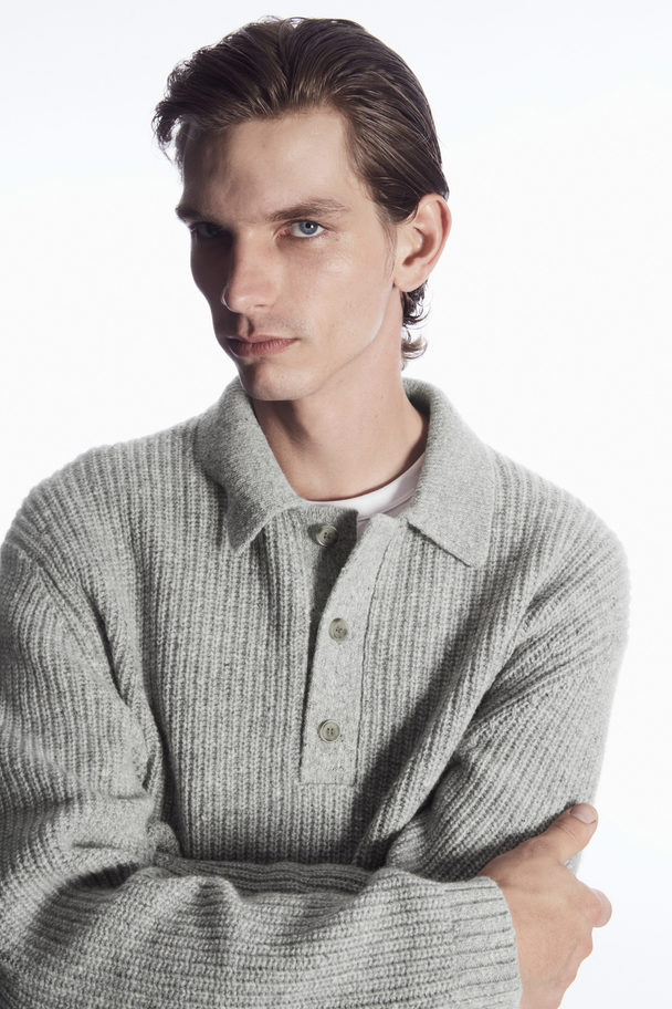 COS Ribbed Wool And Cashmere-blend Polo Shirt Light Grey Mélange