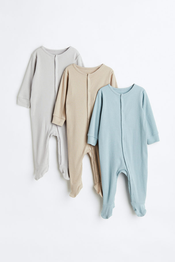 H&M 3-pack Ribbed Cotton Pyjamas Grey/beige/blue