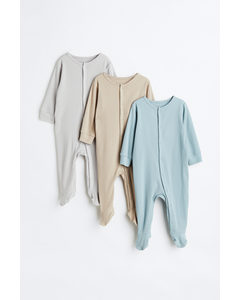 3-pack Ribbed Cotton Pyjamas Grey/beige/blue