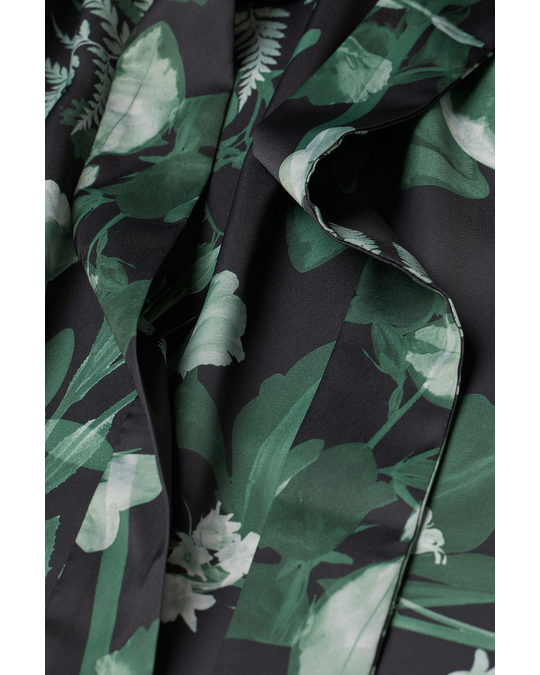 H&M Tie-belt Satin Dress Black/leaf Print
