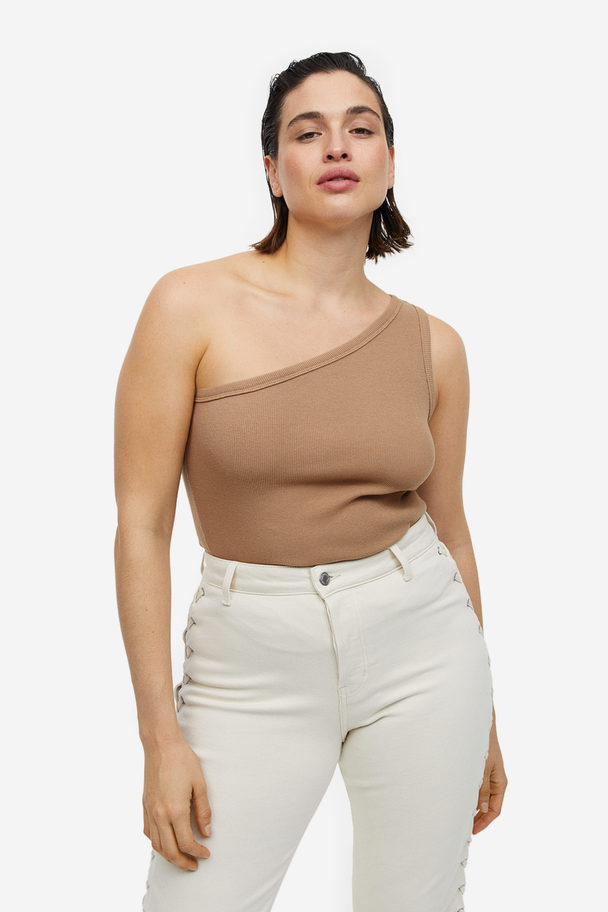 H&M Geripptes One-Shoulder-Shirt Dunkelbeige