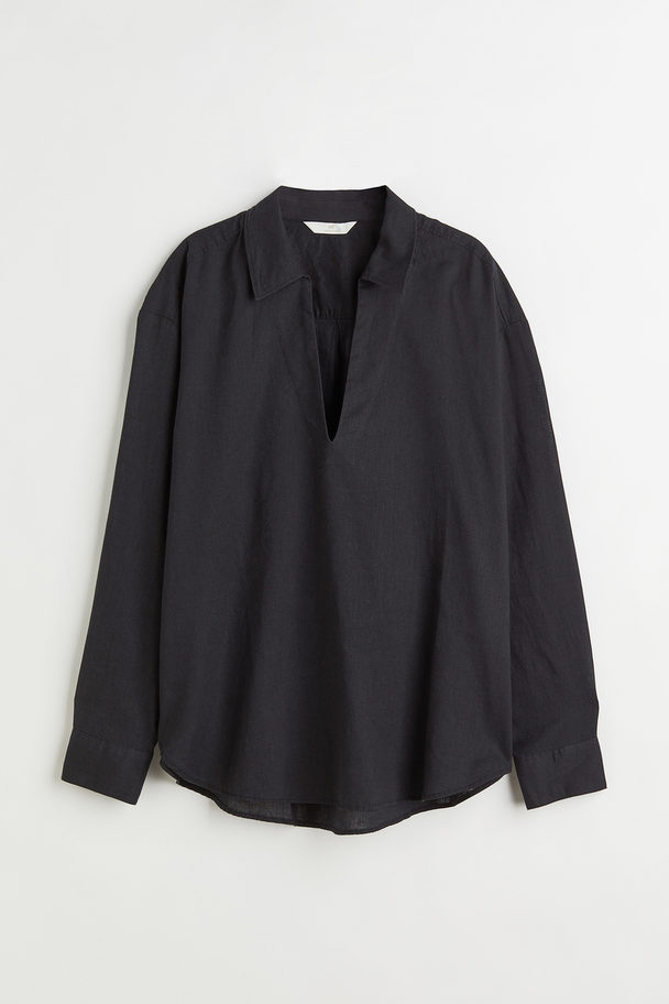 H&M Popover Linen-blend Shirt Black