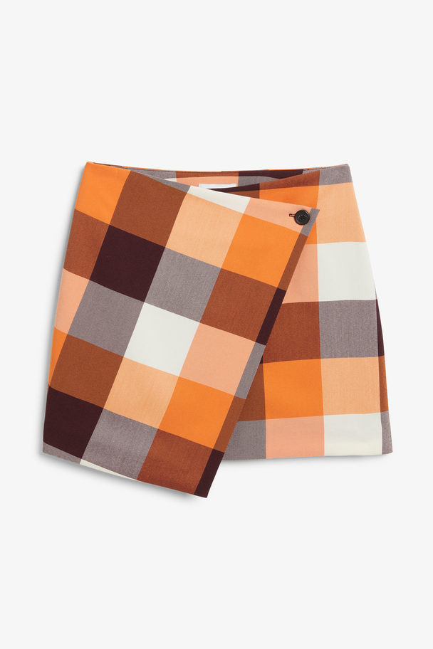 Monki Big Check Buttoned Mini Wrap Skirt Orange Checkered