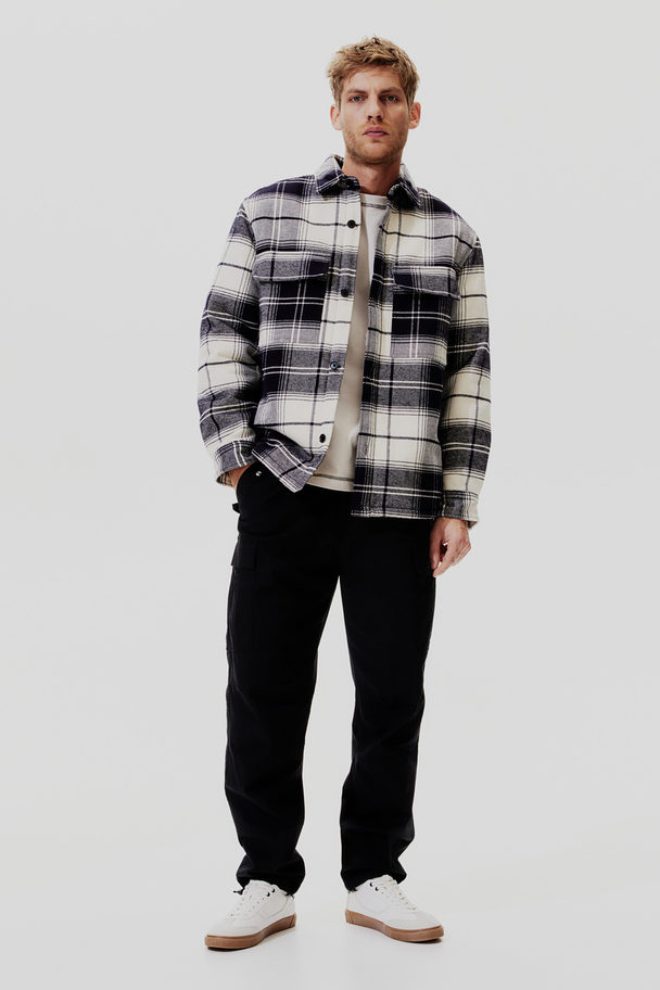 H&M Regular Fit Teddy-lined Overshirt Cream/black Checked