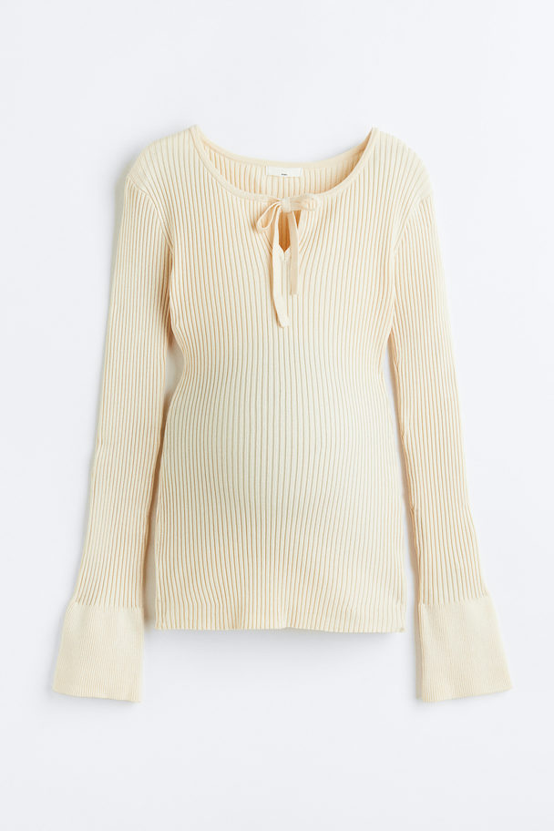 H&M Mama Tie-front Rib-knit Top Cream