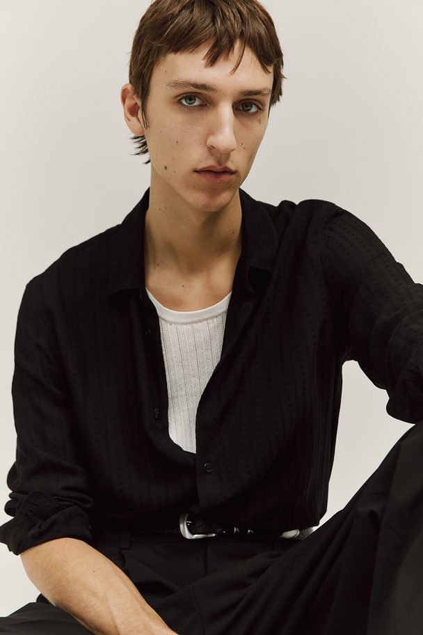 H&M Structuurgeweven Overhemd - Regular Fit Zwart